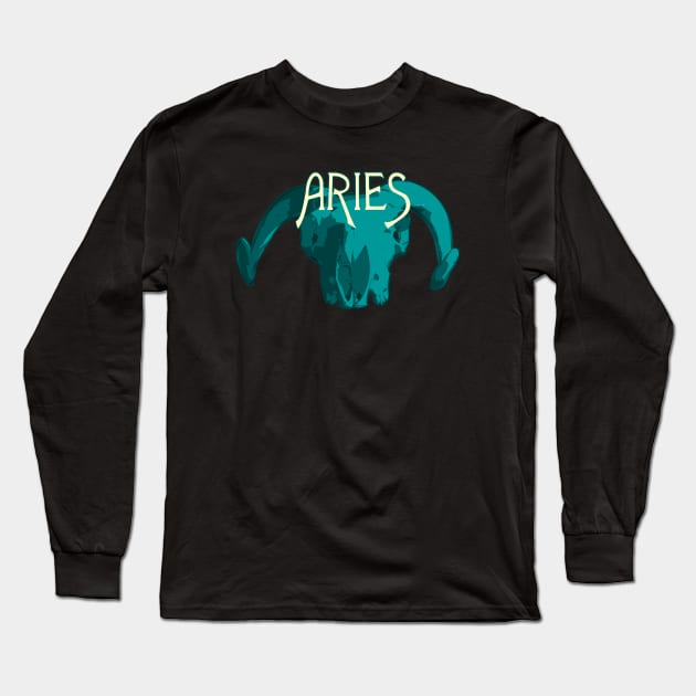 Blue Ram Skull for Aries Astrological Zodiac Sign Long Sleeve T-Shirt by RyanJGillDesigns